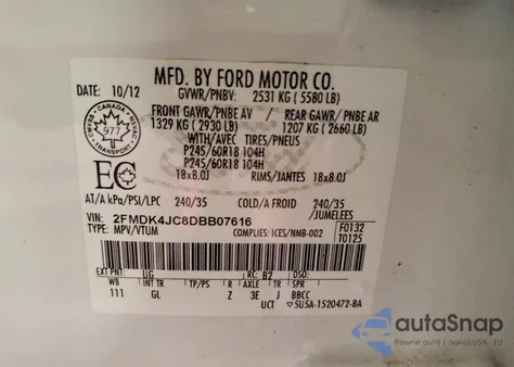 2013 Ford Edge Sel z USA, uszkodzony, nr VIN 2FMDK4JC8DBB07616